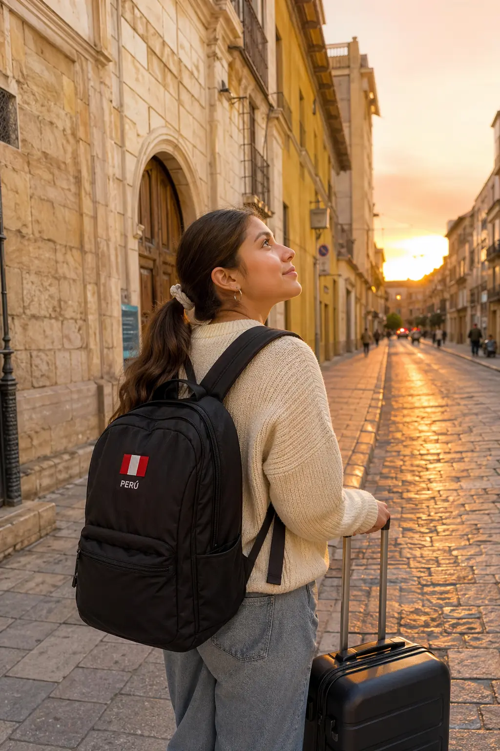 Estudiante peruana caminando por una calle de Madrid con mochila